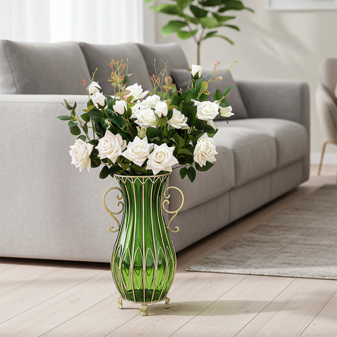 51cm Green Glass Floor Vase with 12pcs White Artificial Flower Set