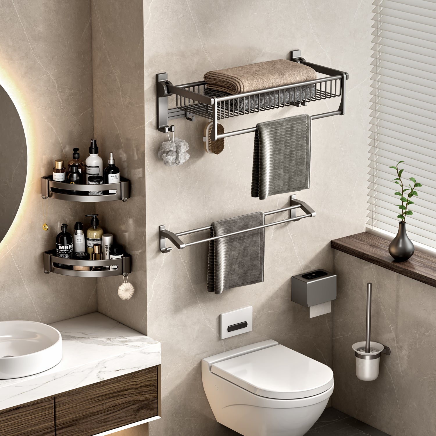 50cm Wall-Mounted Double Pole Towel Holder Hanger with Hooks
