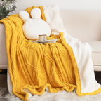 SOGA 200x230cm Throw Blanket Yellow and White Chenille Fleece Knitted Fabric