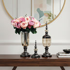 2x Clear Black Glass Vase with Lid and Pink Flower Set
