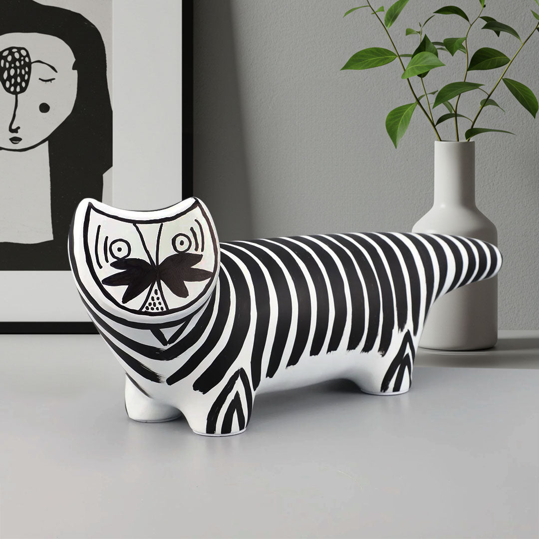 SOGA 47cm Elongated Black and White Striped Cat Resin Sculpture for Modern Home Décor
