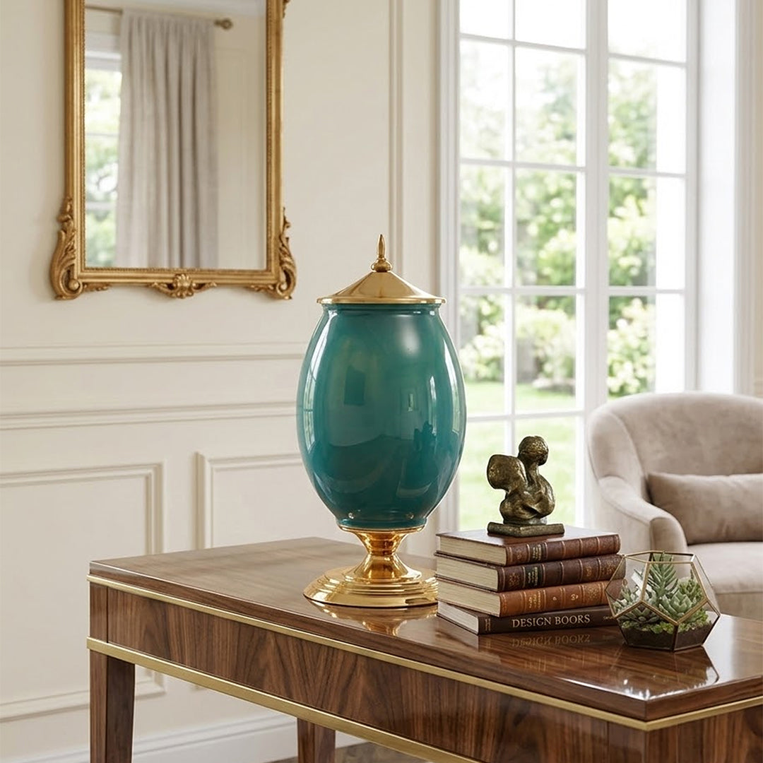 40cm Ceramic Vase with Gold Metal Base Green