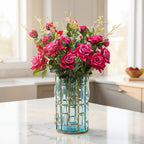 Blue Glass Cylinder Flower Vase with 8 Bunch 5 Heads Artificial Silk Rose Set