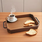 SOGA 34cm Brown Rectangle Wooden Serving Tray Metal Handles Kitchen