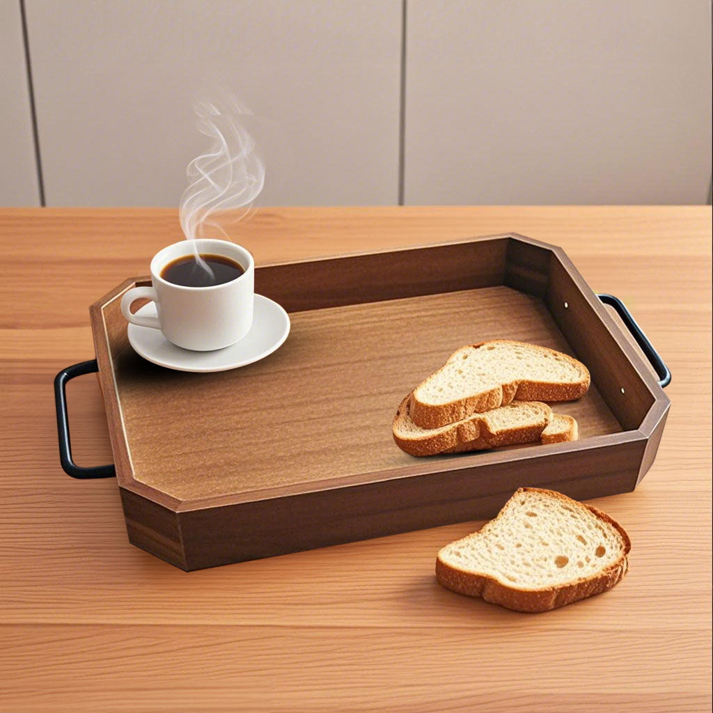 SOGA 34cm Brown Rectangle Wooden Serving Tray Metal Handles Kitchen