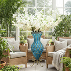 67cm Blue Glass Floor Vase with 10pcs White Artificial Flower Set