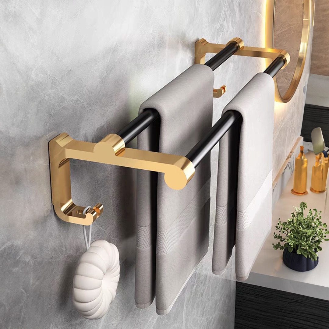 61cm Wall-Mounted Double Pole Towel Holder with Hooks