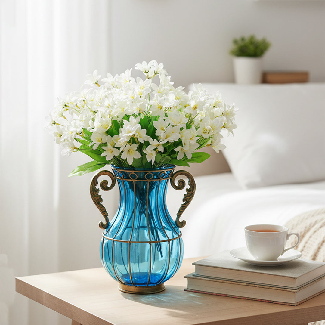 Blue Glass Flower Vase with 10 Bunch 6 Heads Artificial Silk Lilium nanum Set