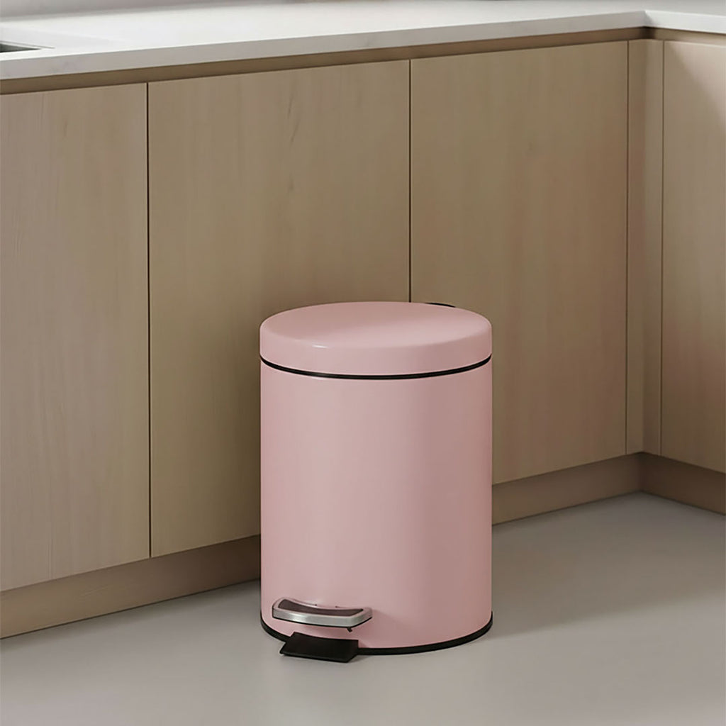 Foot Pedal Stainless Steel Trash Bin Round 12L Pink