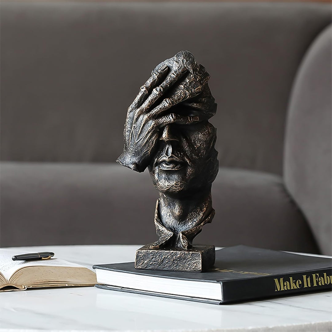 SOGA 30cm Black Resin Sculpture Covered Eyes Face Design Modern Art for Home Décor