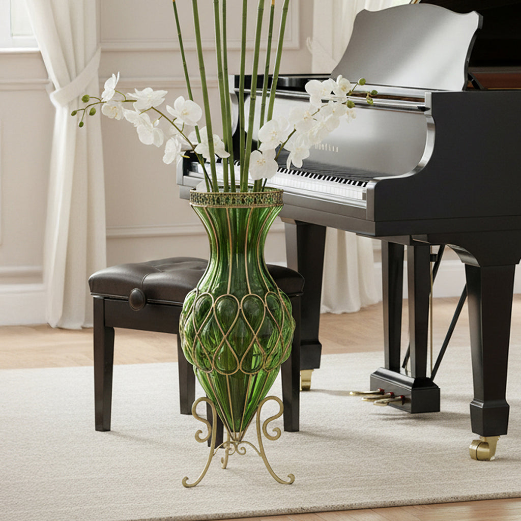 67cm Green Glass Floor Vase with Metal Stand