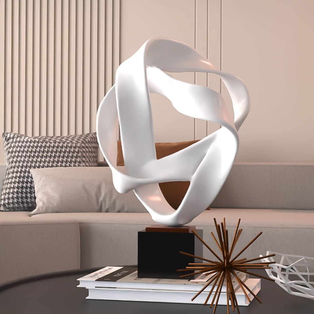 SOGA 41cm White Abstract Sculpture Loop-Inspired Art with Black Base