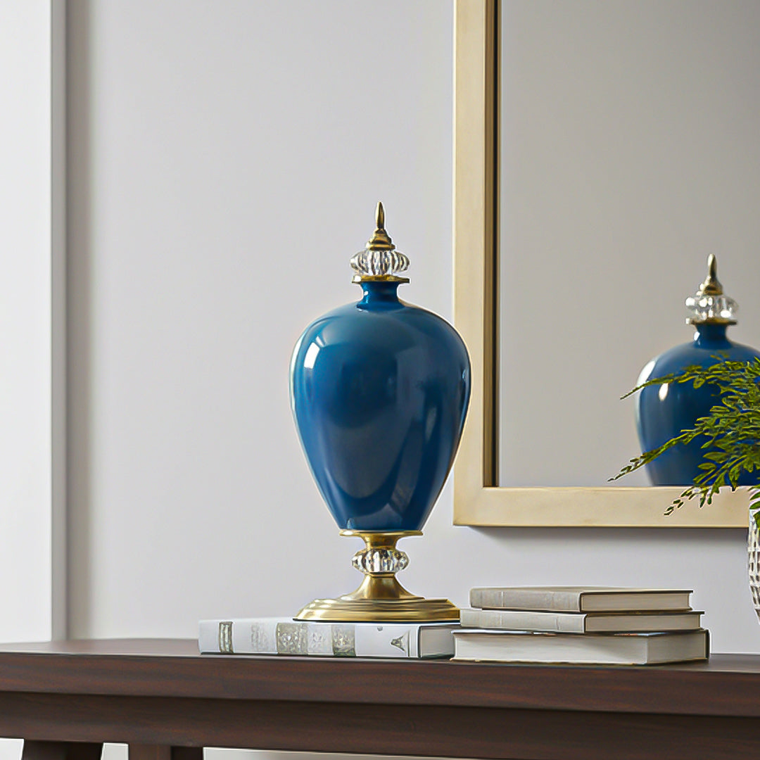 42cm Ceramic Vase with Gold Metal Base Dark Blue