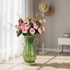 51cm Green Glass Floor Vase with 12pcs Pink Artificial Flower Set