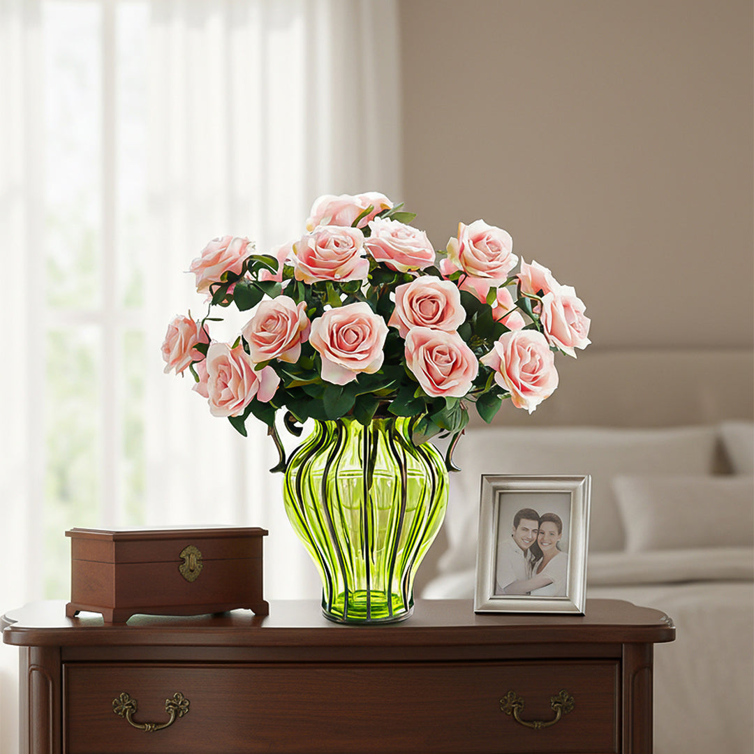 Green Glass Flower Vase with 4 Bunch 9 Heads Artificial Silk Rose Set