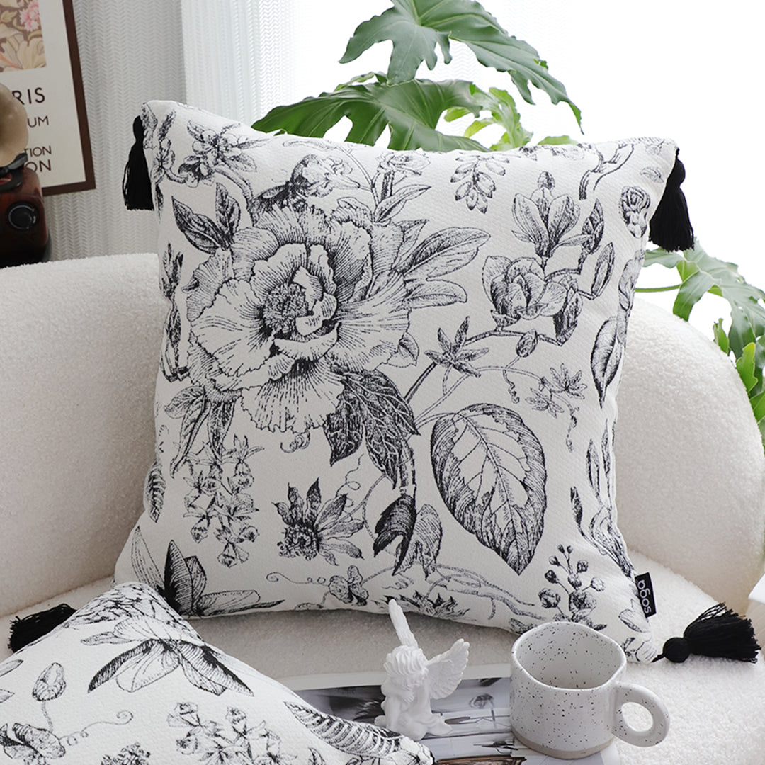 SOGA 50cm Throw Pillow  Black and White Elegant Floral Print with Tassel