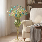 85cm Green Glass Floor Vase and 12pcs Blue Artificial Flower Set