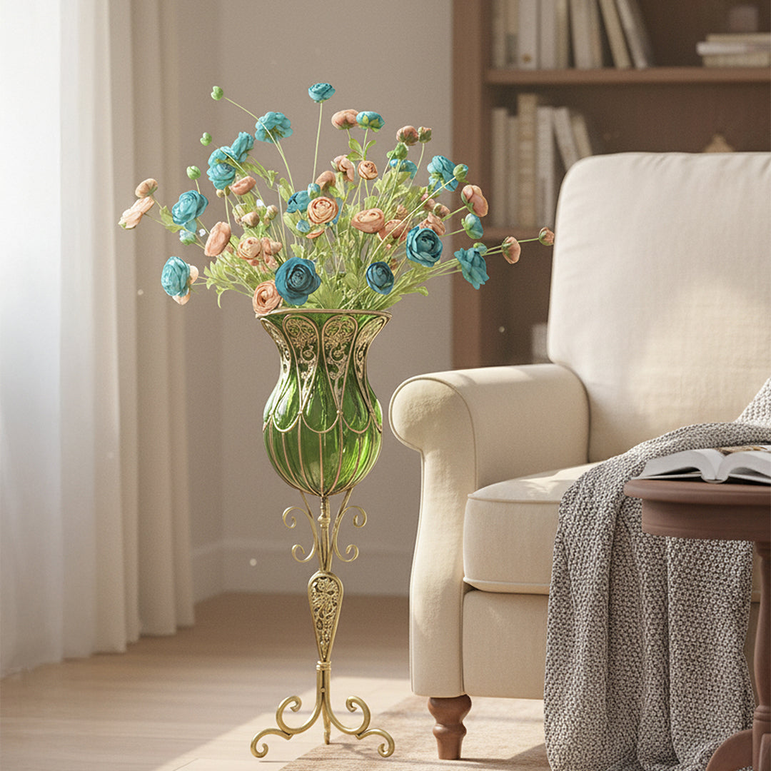 85cm Green Glass Floor Vase and 12pcs Blue Artificial Flower Set