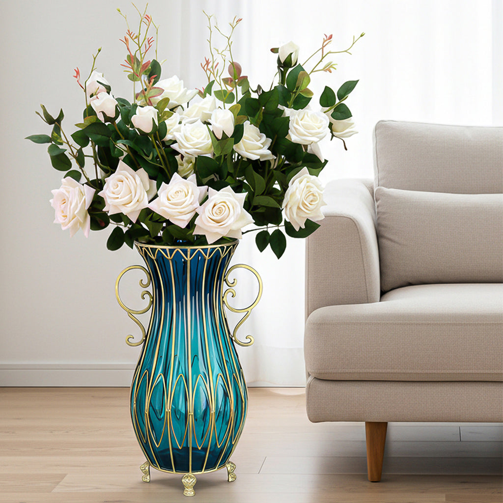 51cm Blue Glass Floor Vase with 12pcs White Artificial Flower Set