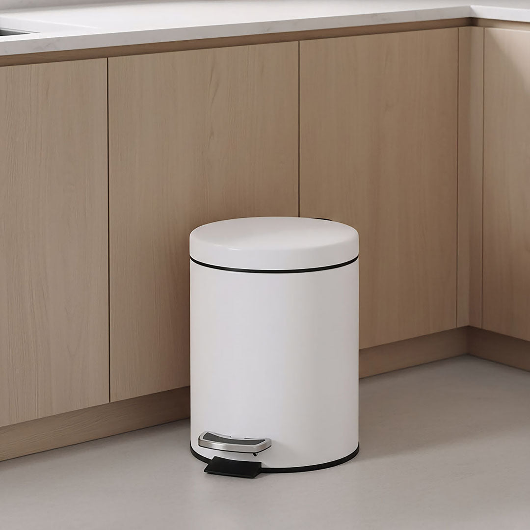 Foot Pedal Stainless Steel Trash Bin Round 12L White