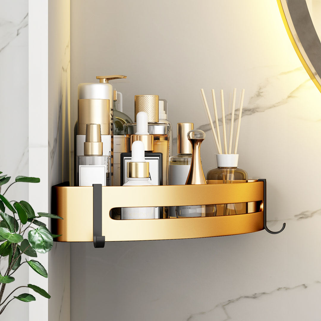 Wall-Mounted Triangular Bathroom Storage Rack with Hooks