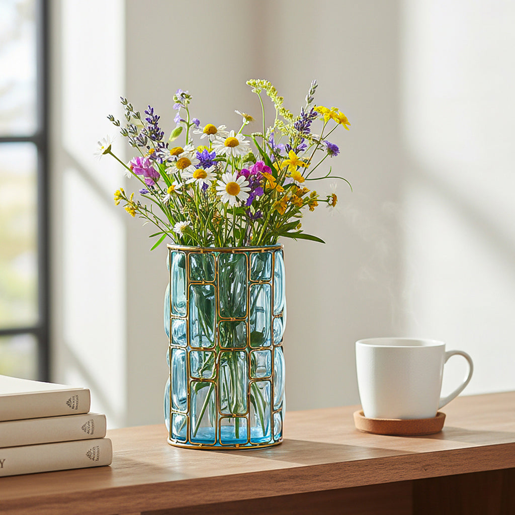 Blue European Glass Flower Vase with Gold Metal Pattern