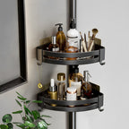 Black Wall-Mounted Triangular Bathroom Storage Rack with Hooks