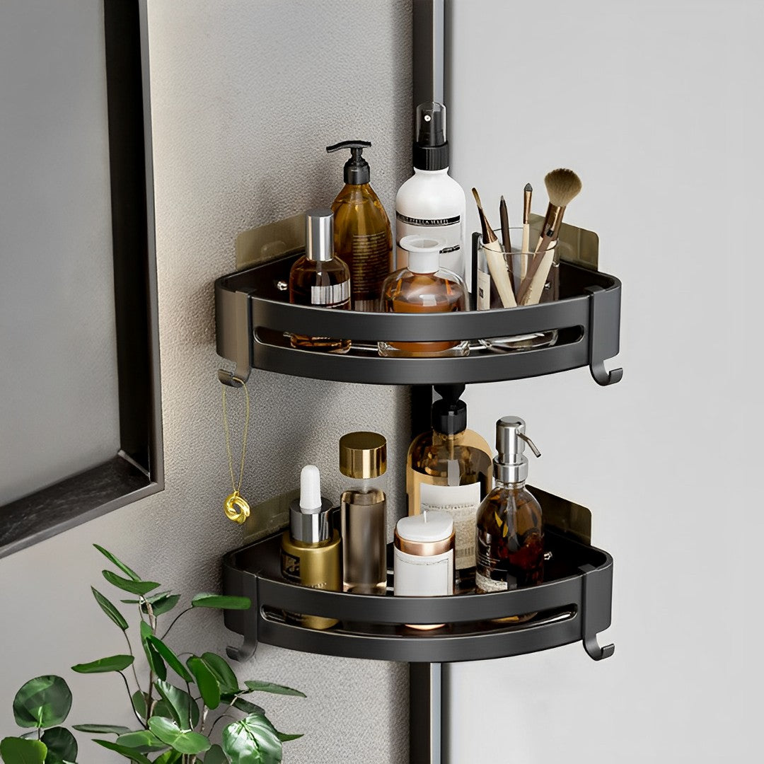 Black Wall-Mounted Triangular Bathroom Storage Rack with Hooks