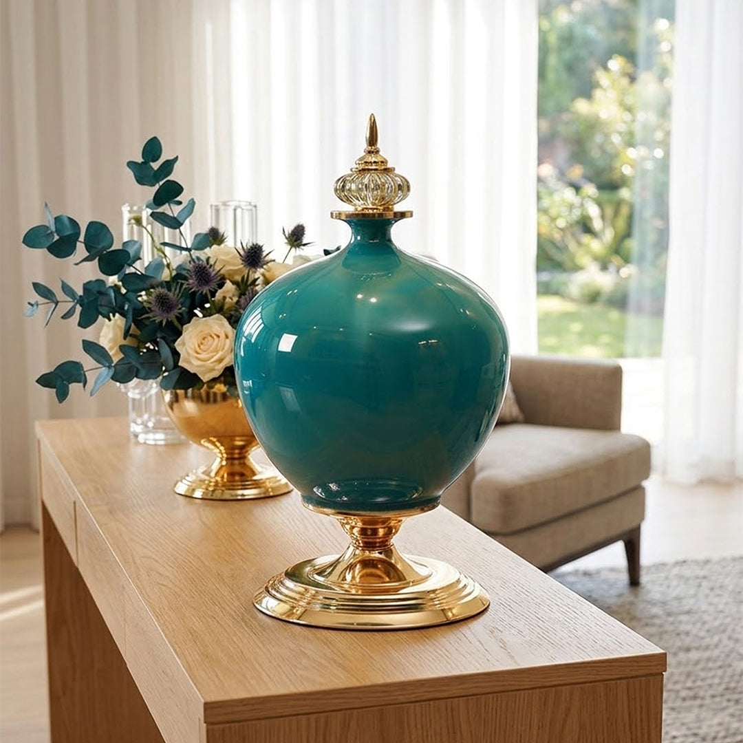 38cm Ceramic Vase with Gold Metal Base Green