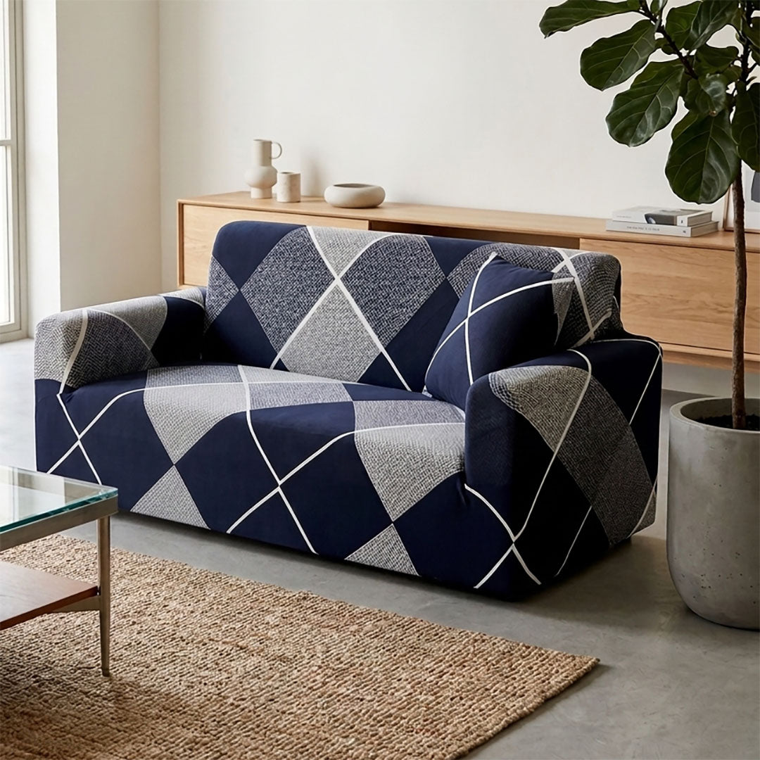 High Stretch 2-Seater Checkered Print Sofa Slipcover