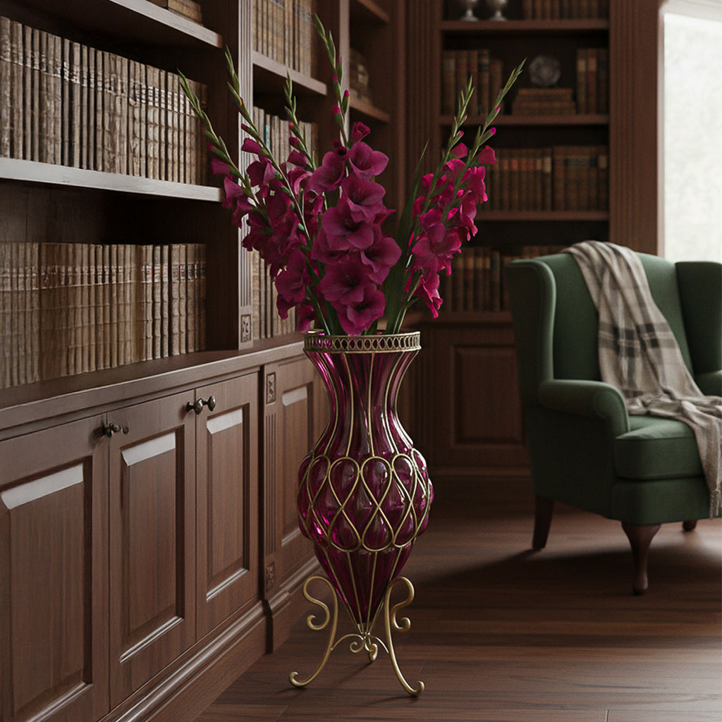 67cm Purple Glass Floor Vase with Metal Stand