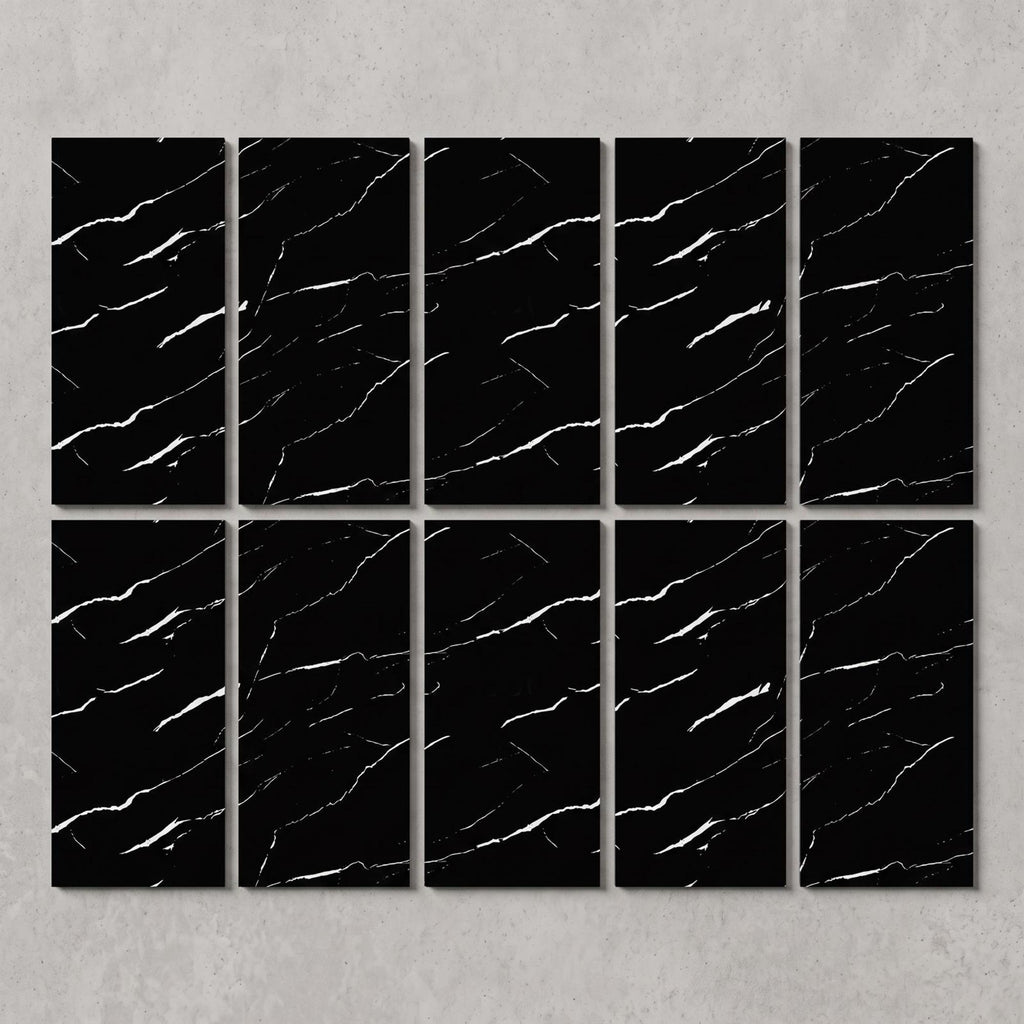 SOGA Peel & Stick Floor and Wall Tiles 30 x 60cm 10 Pack Black Faux Marble