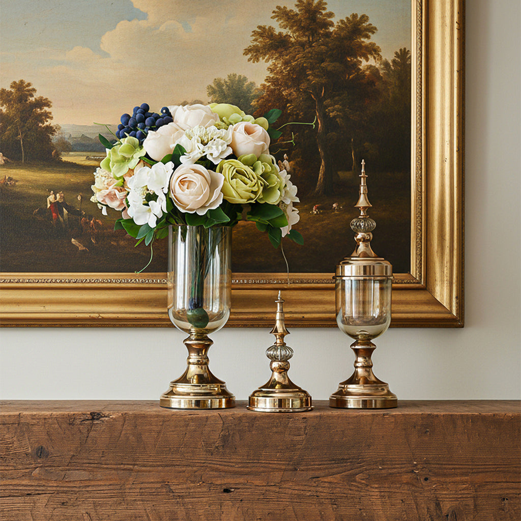 2x Clear Gold Glass Vase with Lid and White Flower Set