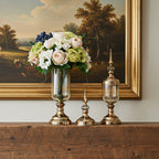 2x Clear Gold Glass Vase with Lid and White Flower Set