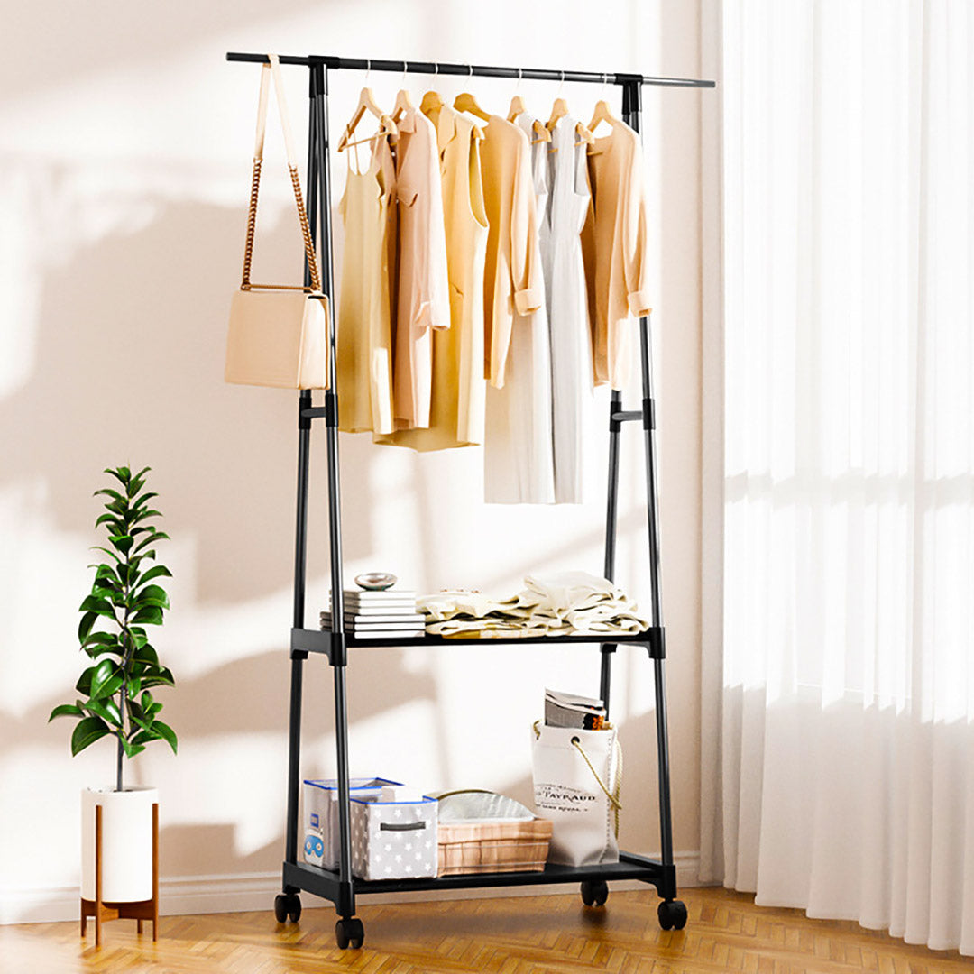 2-in-1 Organiser Clothes Shoe Rack Storage with Wheels Black