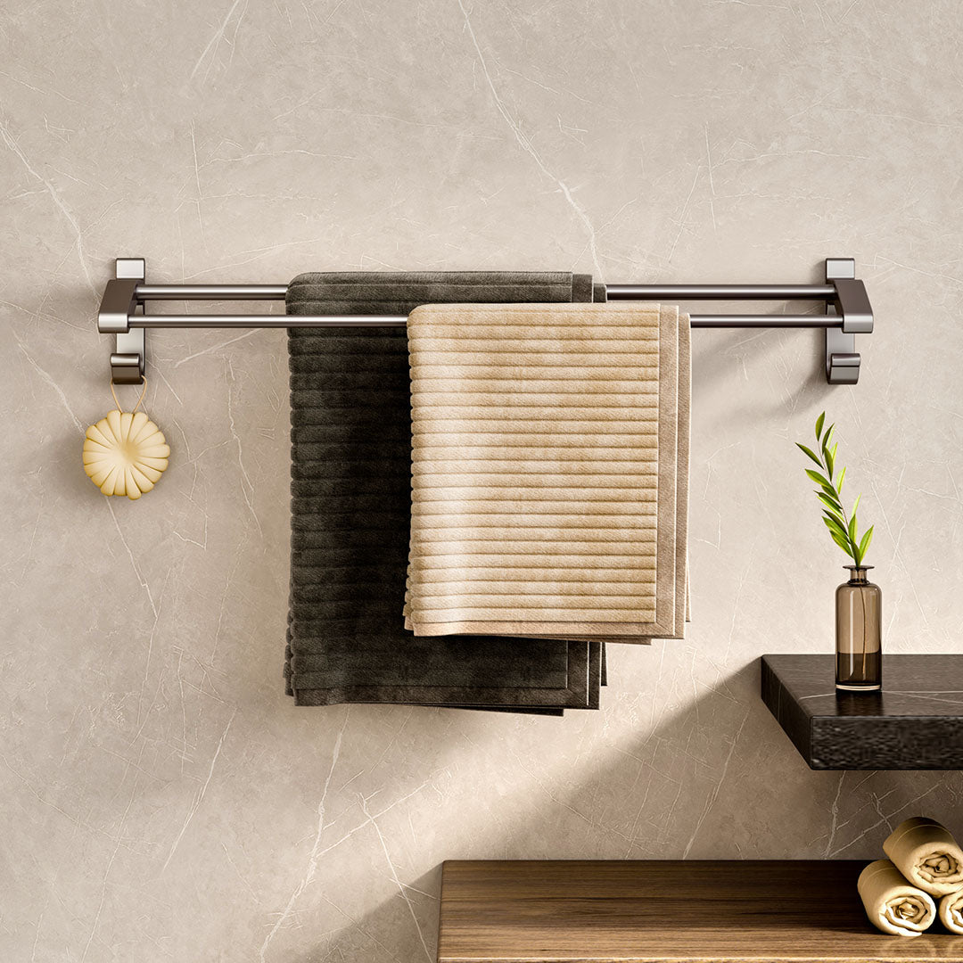 62cm Gray Wall-Mounted Double Pole Towel Holder with Hooks