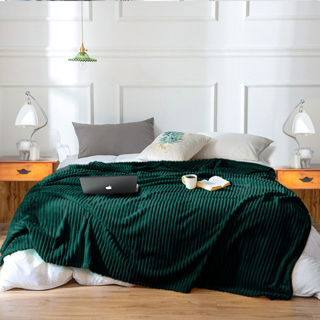 Dark Green Throw Blanket Warm Cozy Striped
