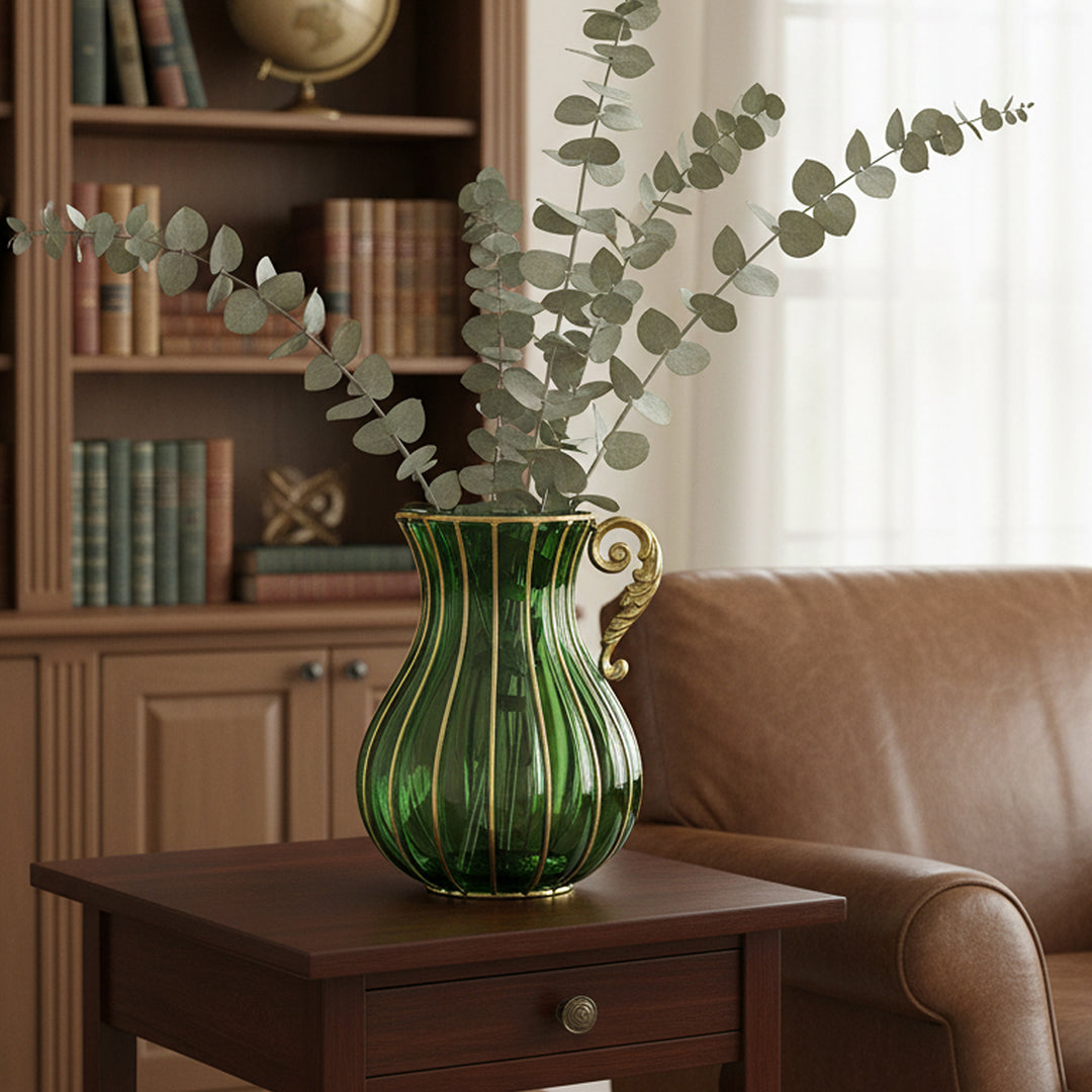 Green European Glass Flower Vase with Metal Handle