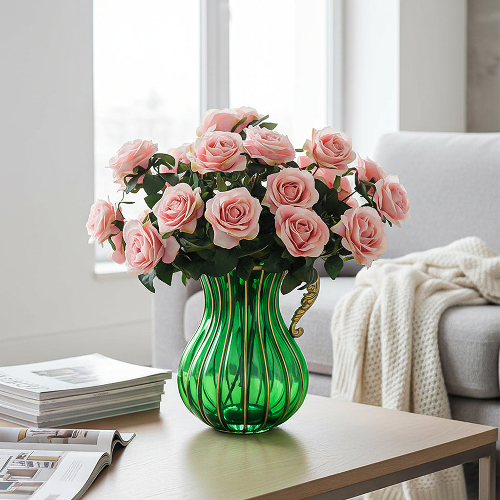 Green Glass Flower Vase with 4 Bunch 9 Heads Artificial Silk Rose Set