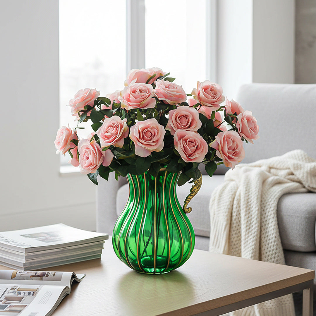 Green Glass Flower Vase with 4 Bunch 9 Heads Artificial Silk Rose Set