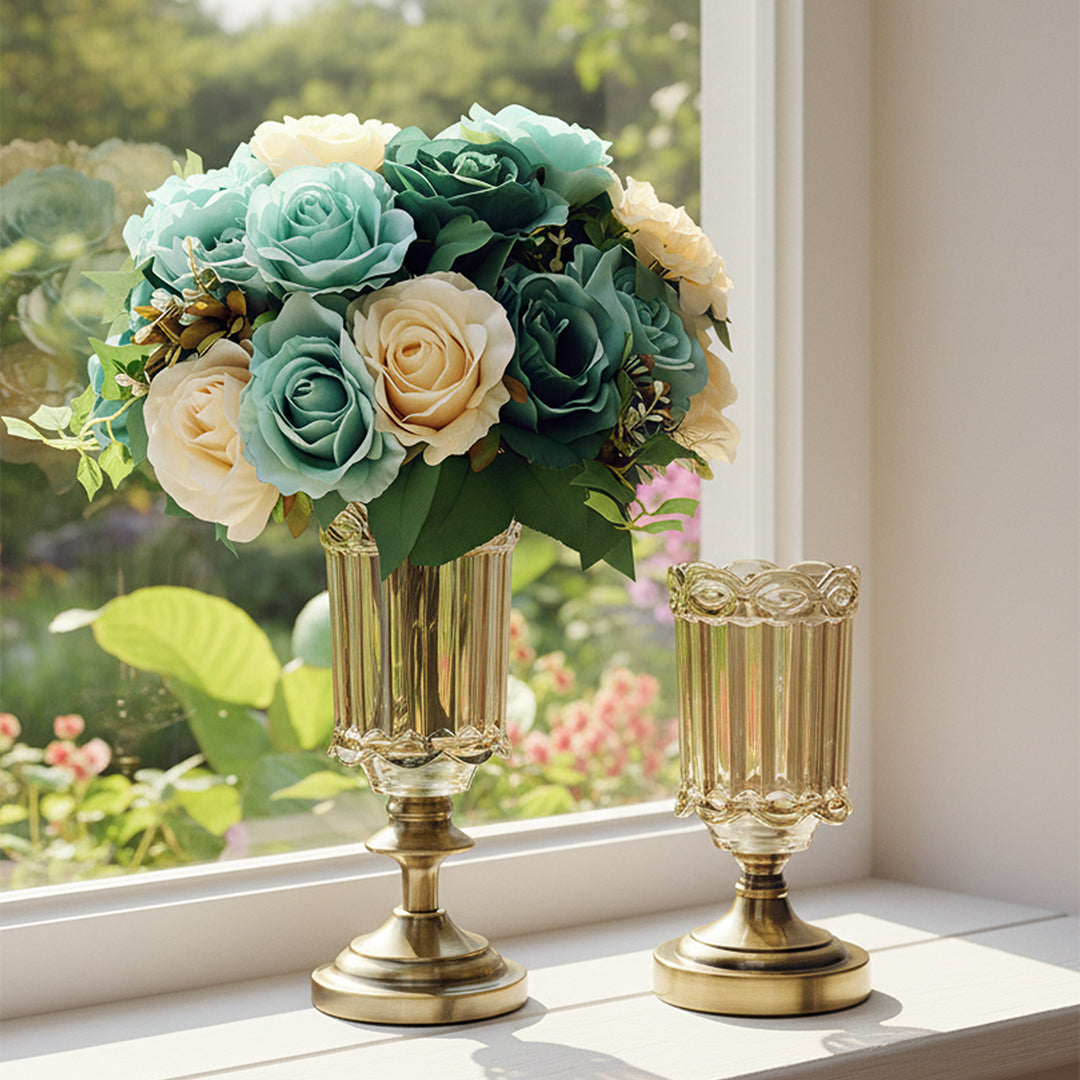 SOGA 25cm 28.5cm Transparent Glass Flower Vase with Blue Flower Set