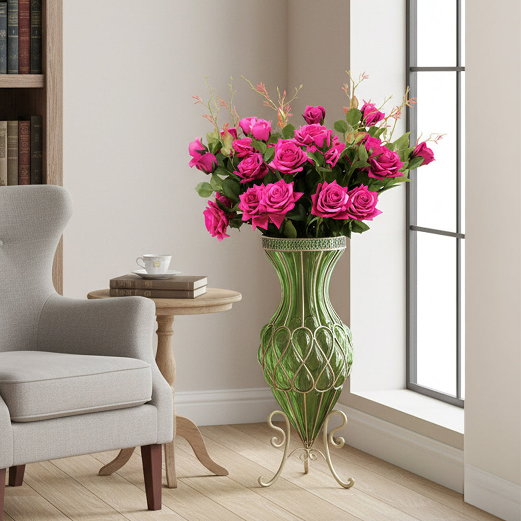 67cm Green Glass Floor Vase and 12pcs Dark Pink Artificial Flower Set
