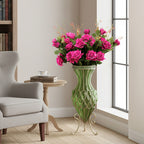 67cm Green Glass Floor Vase and 12pcs Dark Pink Artificial Flower Set