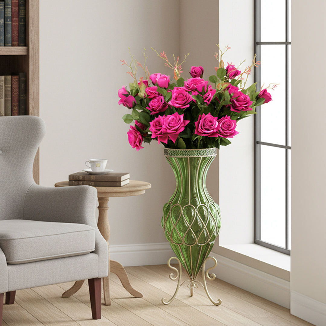67cm Green Glass Floor Vase and 12pcs Dark Pink Artificial Flower Set