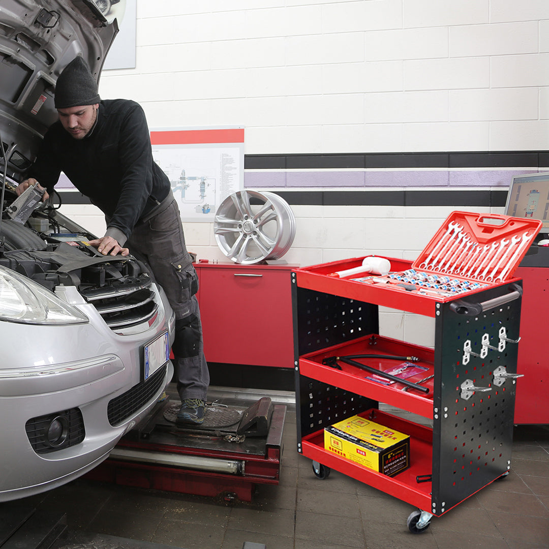 3 Tier Tool Storage Cart with Hooks Red