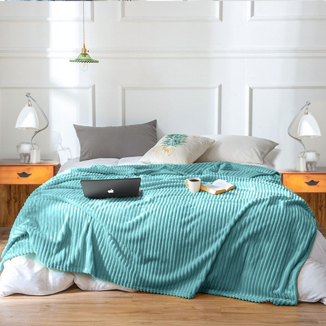 Sky Blue Throw Blanket Warm Cozy Striped Pattern Thin Flannel Coverlet