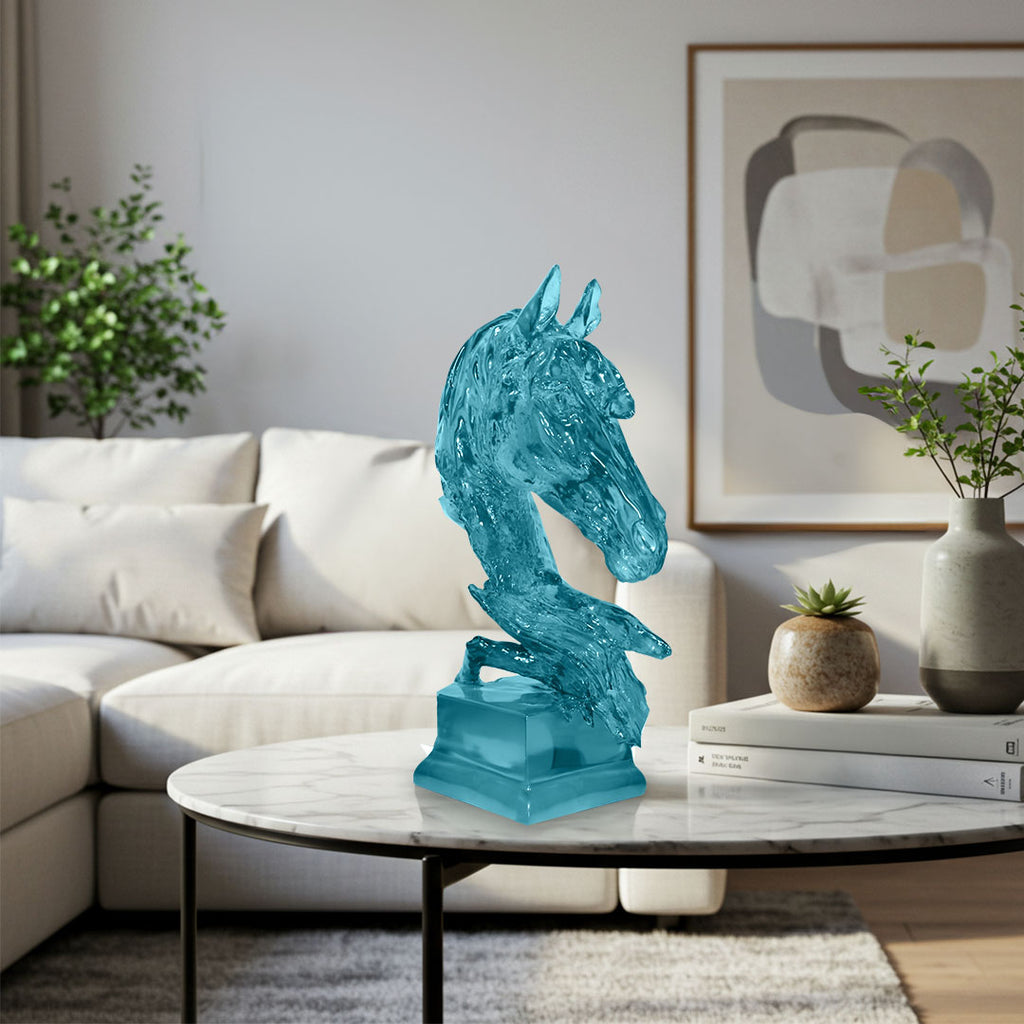 SOGA 37cm Blue Horse Head Resin Sculpture Flowing Mane Design Modern Art for Home Décor