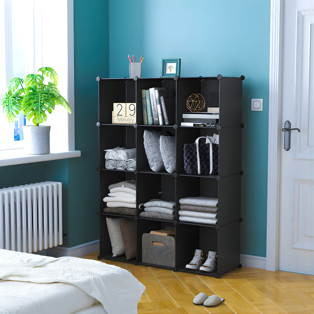 4 Tier 12-Cube Black Portable Wardrobe