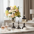 2x Clear Black Glass Vase with Lid and White Flower Set