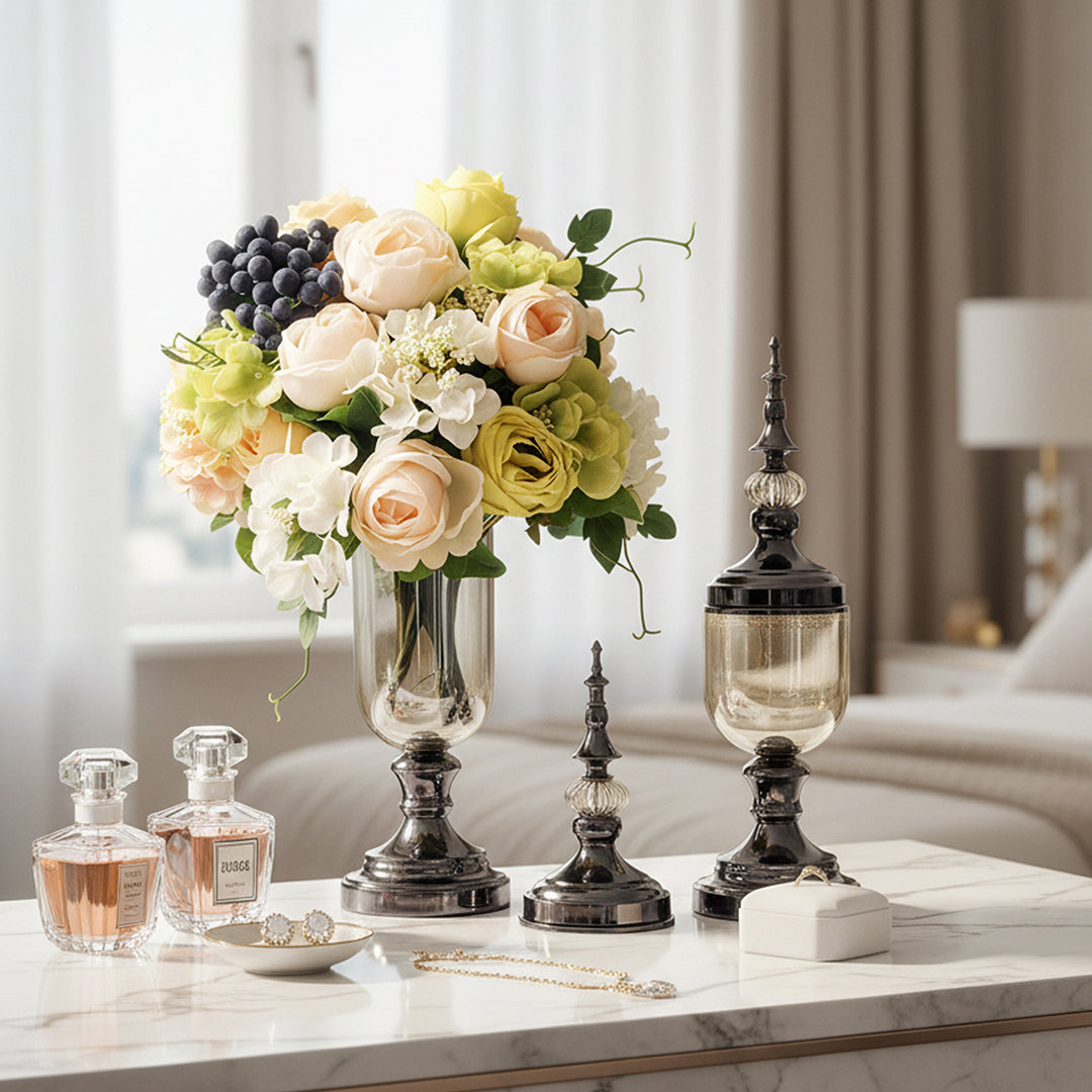 2x Clear Black Glass Vase with Lid and White Flower Set